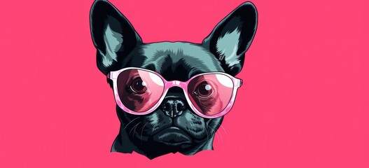 Wall Mural - Fashionable dog with pink sunglasses illustration on pink background. Pet style and humor. Banner.