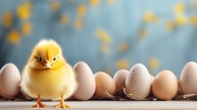  A Small Yellow Chicken Standing In Front Of A Row Of Eggs With A Blue Background That Has Yellow Stars On It.