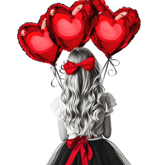Wall Mural - beautiful woman with balloons hearts on white background, png