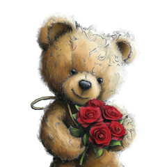 Wall Mural - Teddy bear with roses, png