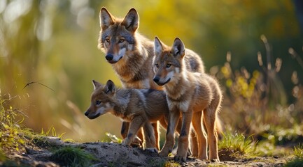 Wall Mural - A wolf pack at dusk, an adult watches over the playful cubs.