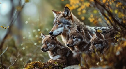 Wall Mural - A wolf pack at dusk, an adult watches over the playful cubs.