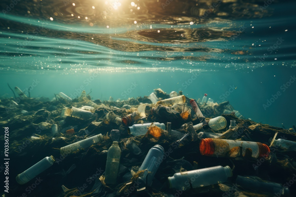 plastic debris in the ocean background. Underwater image illustrating ...