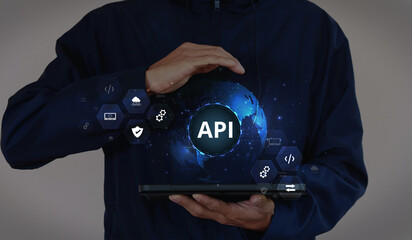 Leinwandbilder - Application Programming Interface (API). Software development tools, information technology, modern technology, internet, and networking concepts on a dark blue background.