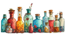A Collection Of Glass Bottles With Various Potions And Flowers Inside, On A White Background