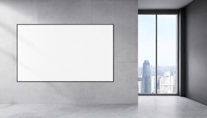 Wall Mural - front view of blank white isolated poster on a light grey wall at the entrance to modern loft office interior with concrete floor and window with city view 3d rendering mockup template background