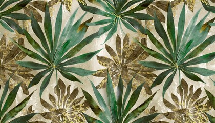  vintage tropical green brown leaves beige background golden texture luxury mural premium wallpaper 3d painting illustration watercolor design seamless border stylish cloth paper packaging