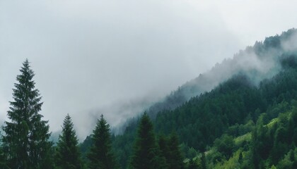 Wall Mural - dark fog and mist over a moody forest landscape mountain fir trees with dreary dreamy weather blues and greens