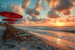 A serene beach sunrise with colorful umbrellas and beach chairs capturing the essence of summer relaxation. Ai generated