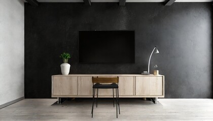 Wall Mural - modern bureau or tv console mockup in empty living room with black concrete wall 3d rendering