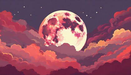 Wall Mural - beautiful moon in red clouds vector illustration