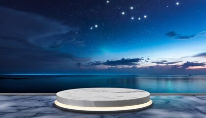 Sticker - marble podium with ocean sky by night background created with technology