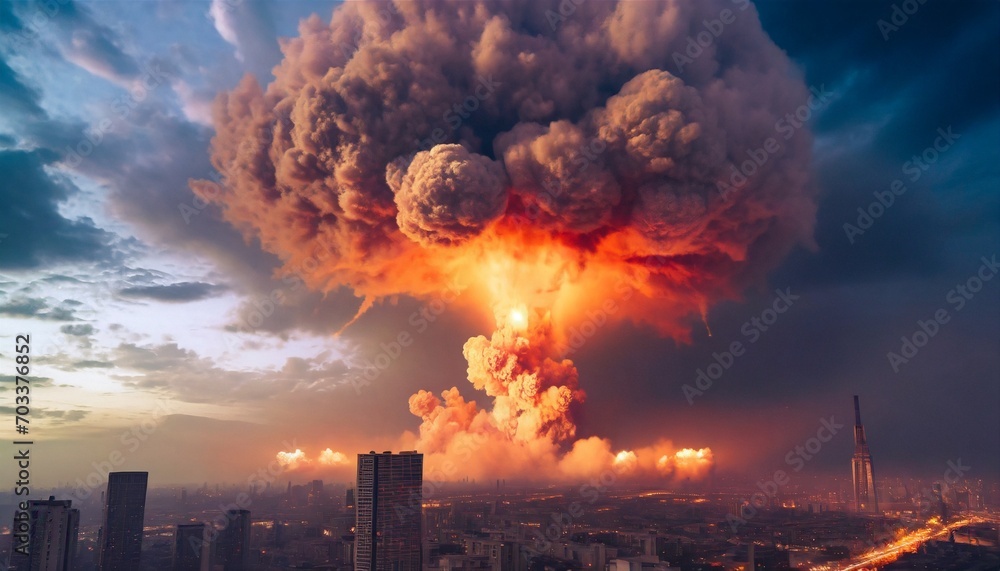 Photo Stock huge explosion above city skyline apocalyptic sky ...