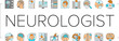 brain neurologist doctor icons set vector. health neurology, medical hospital, technology nerve, surgery patient, medicine brain neurologist doctor color line illustrations
