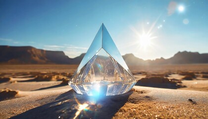 Sticker - abstract fantasy alien glass spaceship on barren desert planet landscape crystal prism monolith sculpture sparkling in the sun