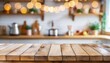 empty wooden table top with out of focus lights bokeh rustic farmhouse kitchen background