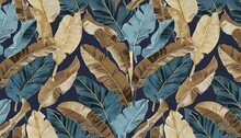 Tropical Exotic Seamless Pattern With Dark Blue And Brown Vintage Banana Leaves Palm And Colocasia Hand Drawn 3d Illustration Good For Production Wallpapers Cloth Fabric Printing Goods