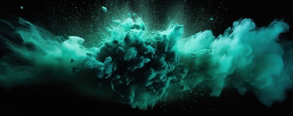 Wall Mural - Explosion of teal green colored powder on black background