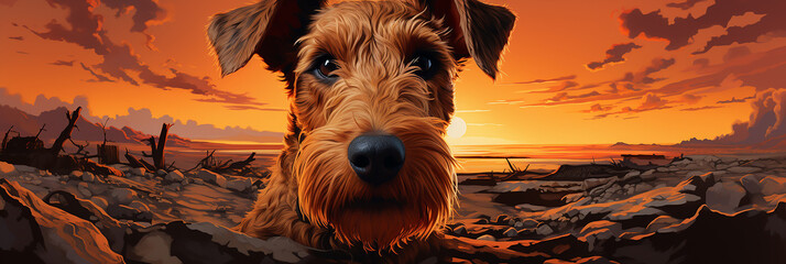 Closeup of brown airedale terrier dog illustration on a sunset sky background.Animal wide web banner