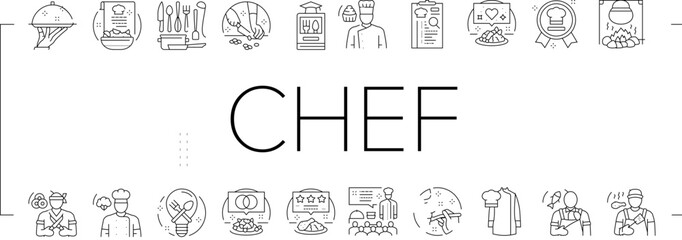 Poster - restaurant chef cooking food icons set vector. kitchen cook, man uniform, hotel professional, dish commercial, male gourmet restaurant chef cooking food black line illustrations