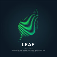 simple logo leaf Illustration in a linear style. Abstract line art green leaf Ecology Logotype concept icon. Vector logo leaf color silhouette on a dark background. EPS 10