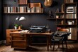 © Fatima - Step into the sophistication of a hipster's haven with a real photo stock image featuring a Black retro typewriter placed on a unique wooden desk, adorned by a mid-century modern chair and a renovated