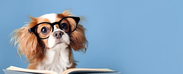 Wall Mural - Dog with glasses reads a book on blue background with space for text. Banner, copyspace