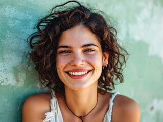 Wall Mural - Beautiful woman smiling on light green background