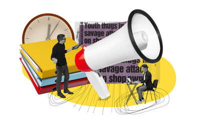 Wall Mural - Deadlines. Young people, male employees working on project, finishing tasks on time. Contemporary art collage. Contemporary art collage. Concept of business, public relations, marketing and management