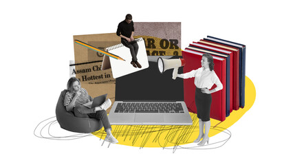 Wall Mural - Young people working on project, chatting with customers and partners. Project manager controlling processes. Contemporary art collage. Concept of business, public relations, marketing and management
