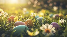 Color Painted Eggs With Bokeh Nature Morning Light, Close Up Easter Egg On Green Grass Spring Nature Garden, Easter Day Background Wallpaper, Generative Ai
