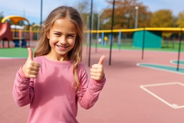 Wall Mural - Little girl smiling and showing thumb up outdoors.