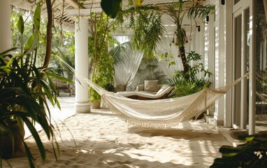  A hammock hanging in a villa with beach sand on the floor