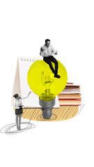 Wall Mural - Online meeting with partners. Man sitting on lightbulb and talking on video call. Woman, assistant making notes. Contemporary art collage. Concept of business, public relations, marketing, management