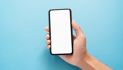 Hand using smartphone with blank screen, isolated on blue background