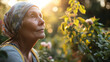 A cancer patient gardening, their eyes showing contentment and hope in growth, cancer, blurred background, with copy space