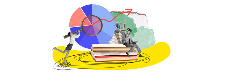 Wall Mural - Young people working on analytics, developing successful strategies for projects promotion. Contemporary art collage. Concept of business, public relations, marketing and management
