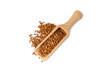Buckwheat in wooden spoons. Buckwheat grain isolated on white background. Healthy food. Porridge. Diet. Organic cereal