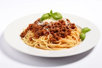 Poster - Spaghetti Bolognese with parmesan cheese on white plate isolated