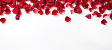 Romantic Red Rose Petals On White Background. Flat Lay, Top View, Copy Space