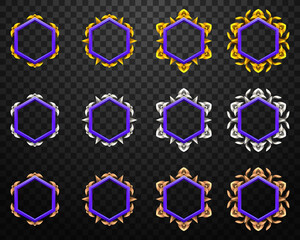 Wall Mural - Fantasy Game Avatar Purple Border Hexagonal Frame with Gold, Silver and Bronze Elements for Game UI Designs