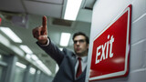 Fototapeta  - Fired or dismiss concept image with man manager in suit pointing the exit sign at office to fire his team employees