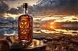classy and expensive ornamented bottle of whiskey , scottish highlands fjords landscapes background