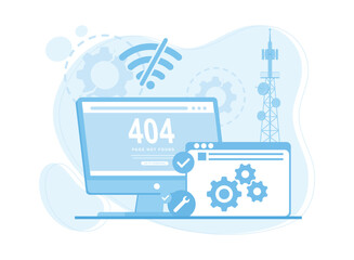 computer screen error page 404 no internet connected concept flat illustration