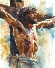 Wall Mural - jesus christ, Jesus crucified on the cross, praying for those who crucified him, offering his love and forgiveness until his last breath, watercolor, oil paint, copy space - generative ai