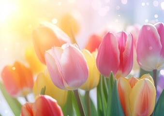  Closeup of colorful tulips on a bokeh background
