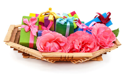 Poster - Pink roses and gifts in a basket.