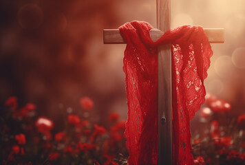 Wall Mural - Wooden cross with a red cloth on it, flowers on background