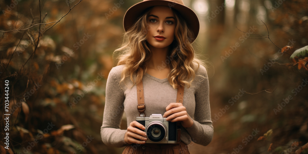Hypster woman in hat outdoor in the forest use a vintage analoge camera ...