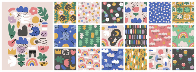 Set of abstract seamless patterns with hand drawn doodle objects and various organic shapes. Scandinavian minimalism style vector illustrations for modern wallpaper or contemporary packaging